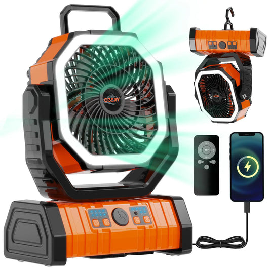 Rechargeable Camping Fan with LED Light, Portable Oscillating Fan with 360° Hook, Cordless Battery Powered